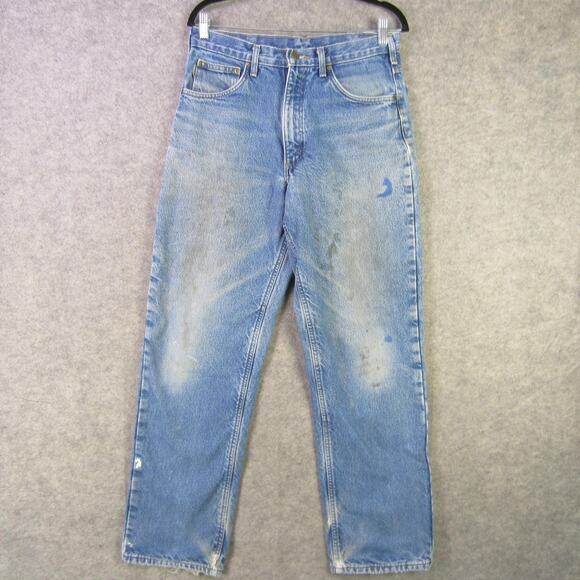 Carhartt Flannel Lined Jeans Mens 32x32 Blue B172 Relaxed Stained Distressed - Picture 1 of 13